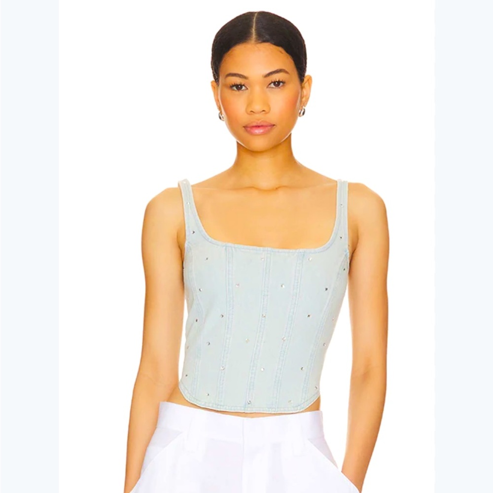New Revolve Superdown Denim Rhinestone Crystal Margo Corset Top
